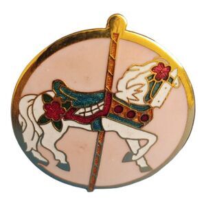 WOMEN'S CAROUSEL HORSE DECO PINK-GOLD COLORED BROOCH PIN.
